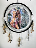 Boho Wolf Dreamcatcher Wall Hanging with Feathers