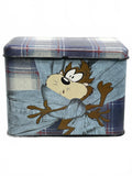 1995 vintage Looney Tunes Taz Blue Plaid Metal Storage Tin Box