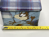 1995 vintage Looney Tunes Taz Blue Plaid Metal Storage Tin Box