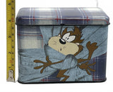 1995 vintage Looney Tunes Taz Blue Plaid Metal Storage Tin Box