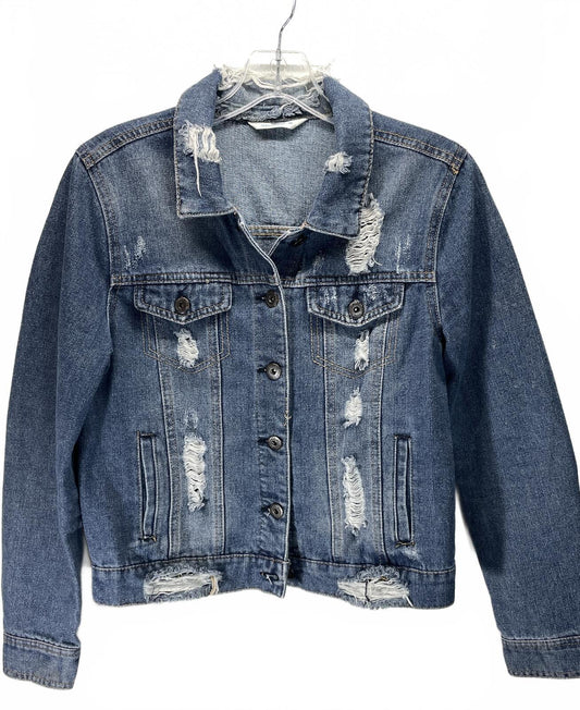 Highway M Distressed Cropped Denim Jean Jacket Trucker Coat Blue Juniors M