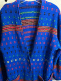 Vintage Blue Patterned Long Knit Cardigan Sweater with Pockets One Size XL 2X