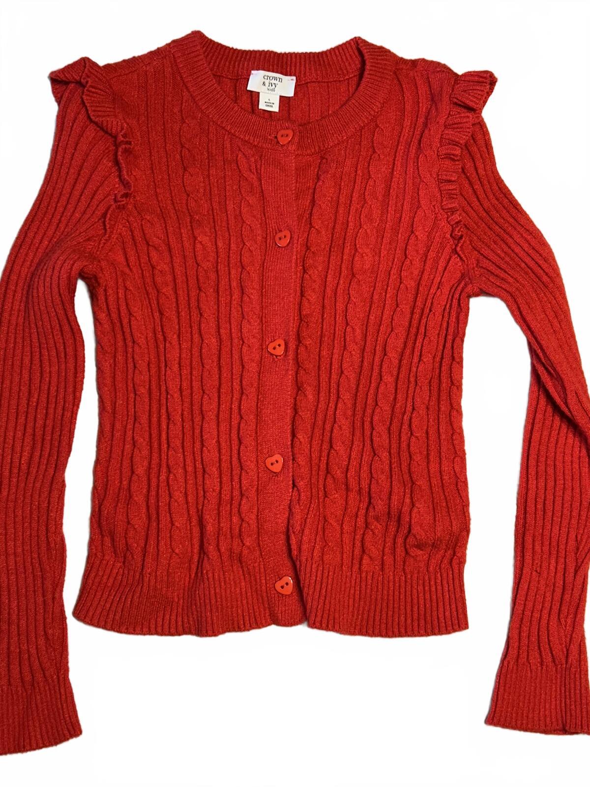 Crown & Ivy Kids Red Cable Knit Cardigan Sweater with Ruffle Detail, Size Large
