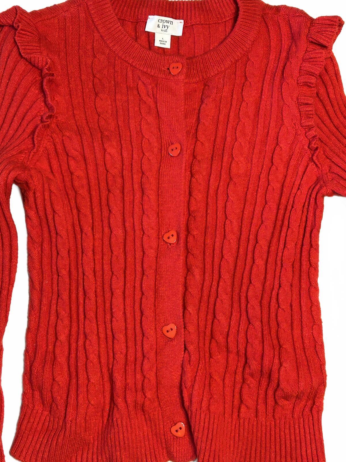 Crown & Ivy Kids Red Cable Knit Cardigan Sweater with Ruffle Detail, Size Large