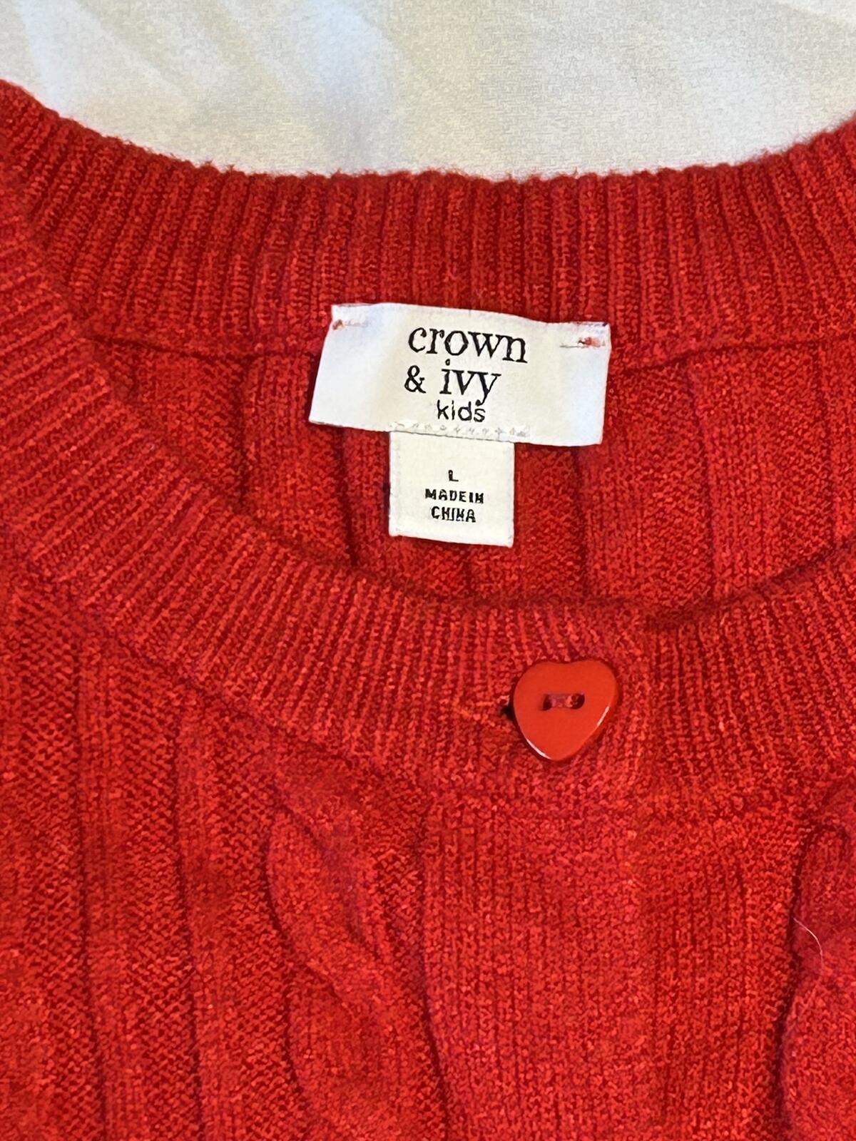 Crown & Ivy Kids Red Cable Knit Cardigan Sweater with Ruffle Detail, Size Large
