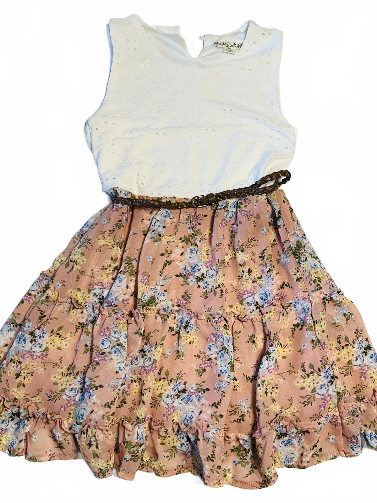 Knit Works girls dress white top, floral skirt and brown braided belt size 10