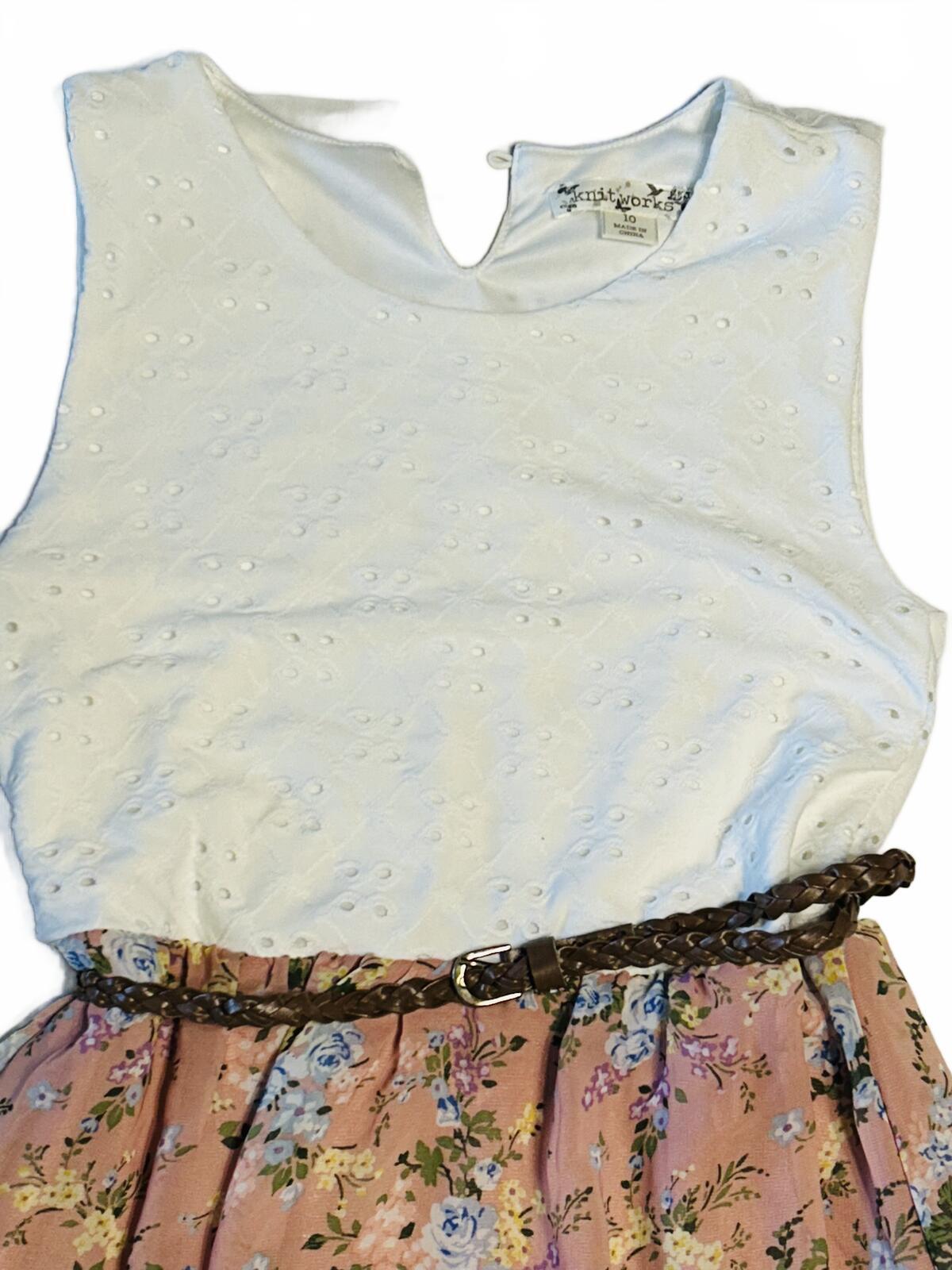 Knit Works girls dress white top, floral skirt and brown braided belt size 10