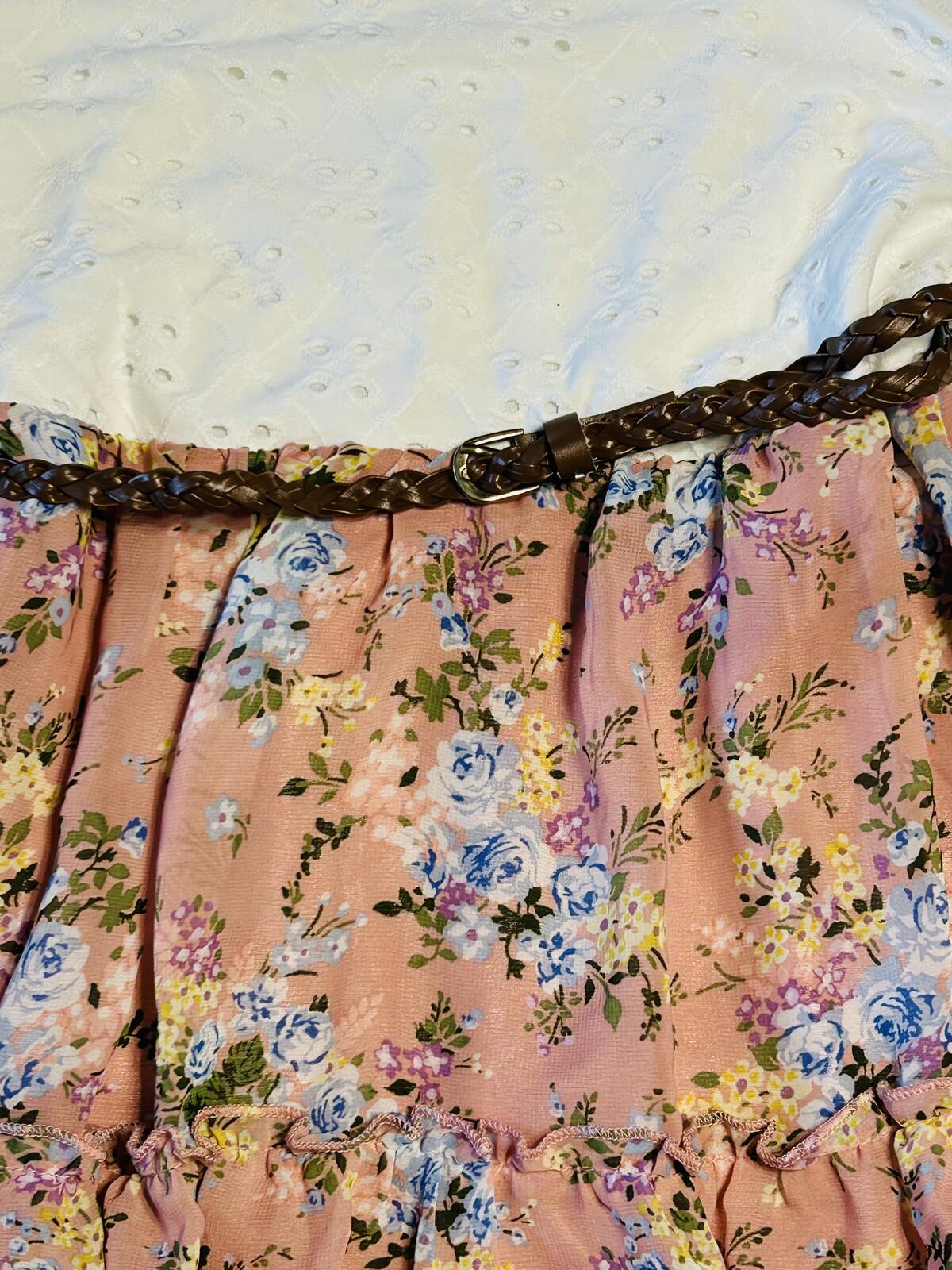 Knit Works girls dress white top, floral skirt and brown braided belt size 10