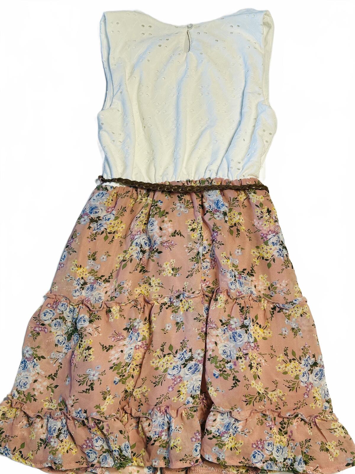 Knit Works girls dress white top, floral skirt and brown braided belt size 10