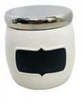 Boots & Barkley Pet Treat Jar Cermaic White with Chalk Label Silver Top