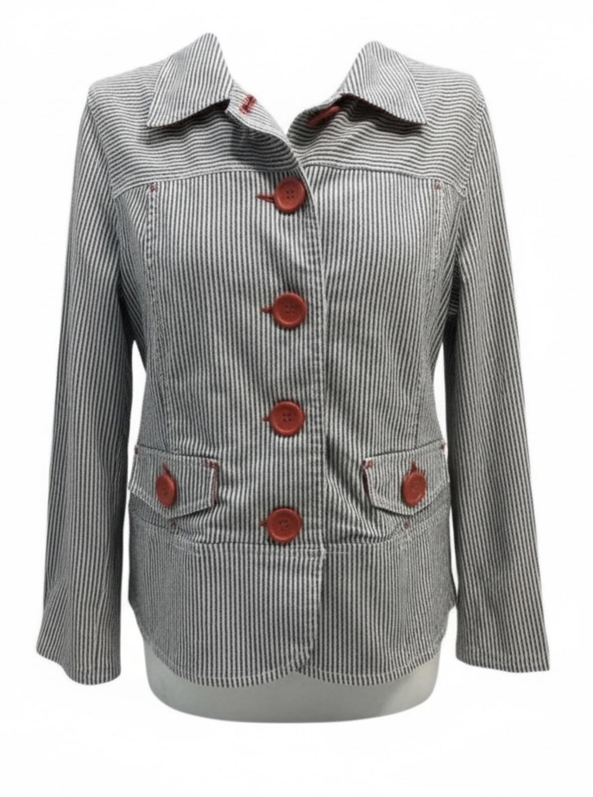EUC Onque Grey & White Pin Stripe Blazer Shacket Large Orange Buttons Ladies S/M