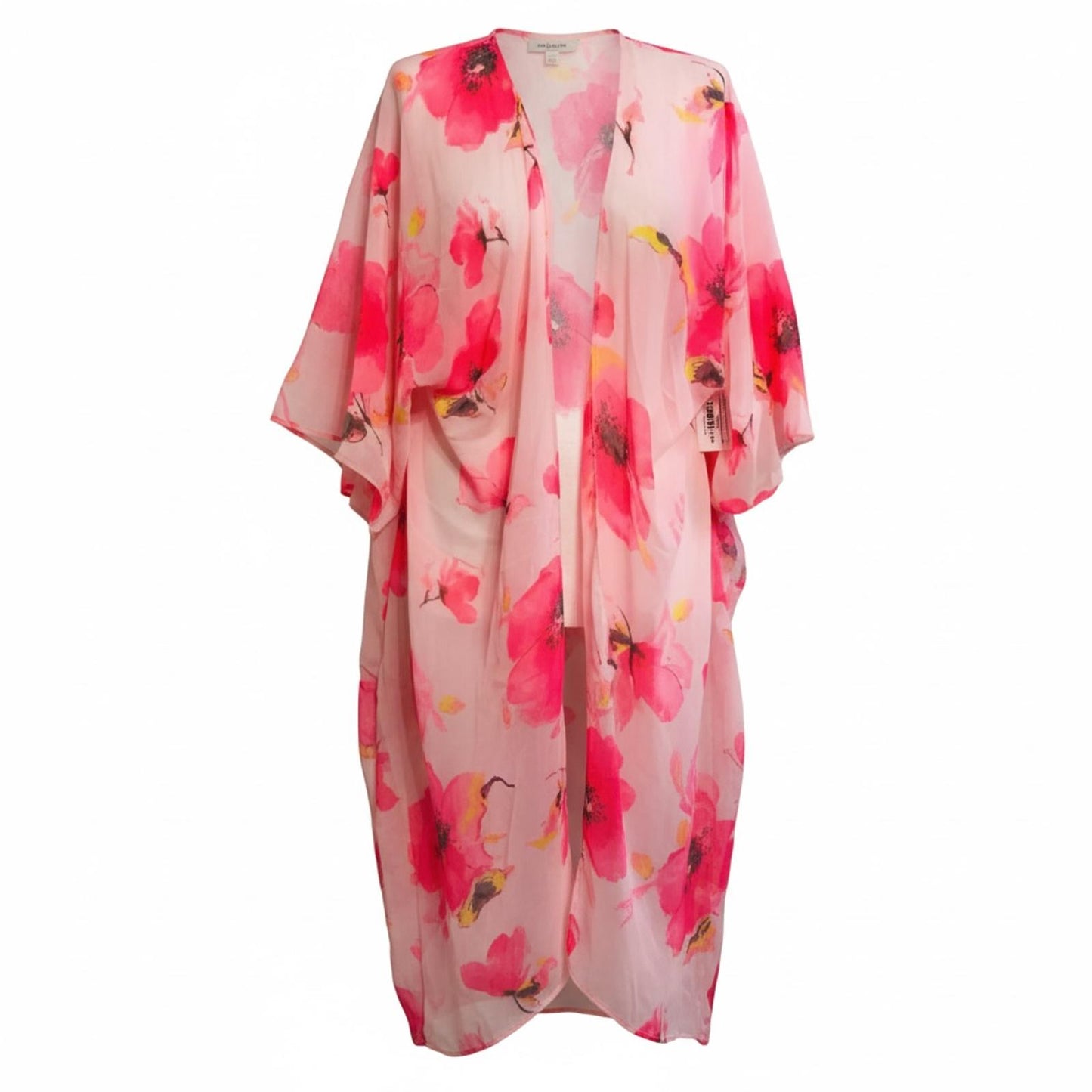 Sheer Bright Pink Flowers Open Front Flowy Shawl / Cover Up Ladies ONE SIZE