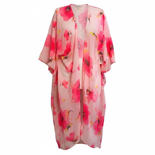 Sheer Bright Pink Flowers Open Front Flowy Shawl / Cover Up Ladies ONE SIZE