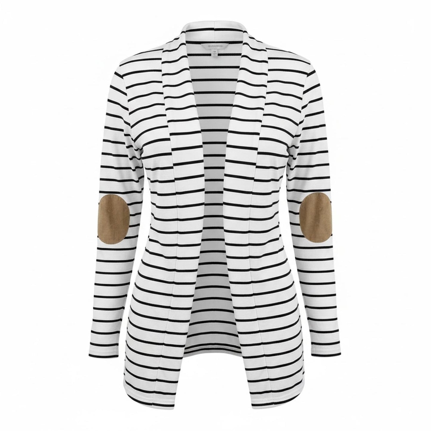 White & Black Striped Cardigan Sweater w/ Khaki Elbow Patches Ladies S