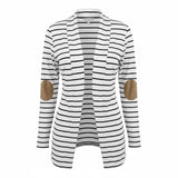 White & Black Striped Cardigan Sweater w/ Khaki Elbow Patches Ladies S