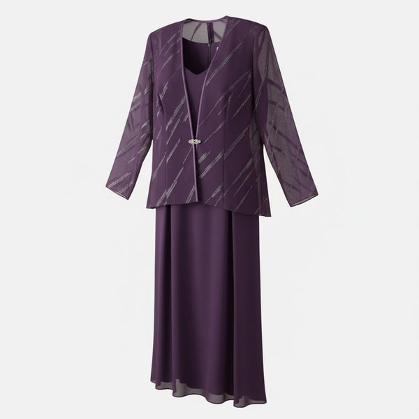 purple evening dress with jacket A-line V Neck Chiffon Ankle-Length Mother of the Bride Dress with Lace Applique Jacket S5041M - Mother of the Bride Dresses