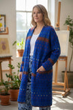 Vintage Blue Patterned Long Knit Cardigan Sweater with Pockets One Size XL 2X