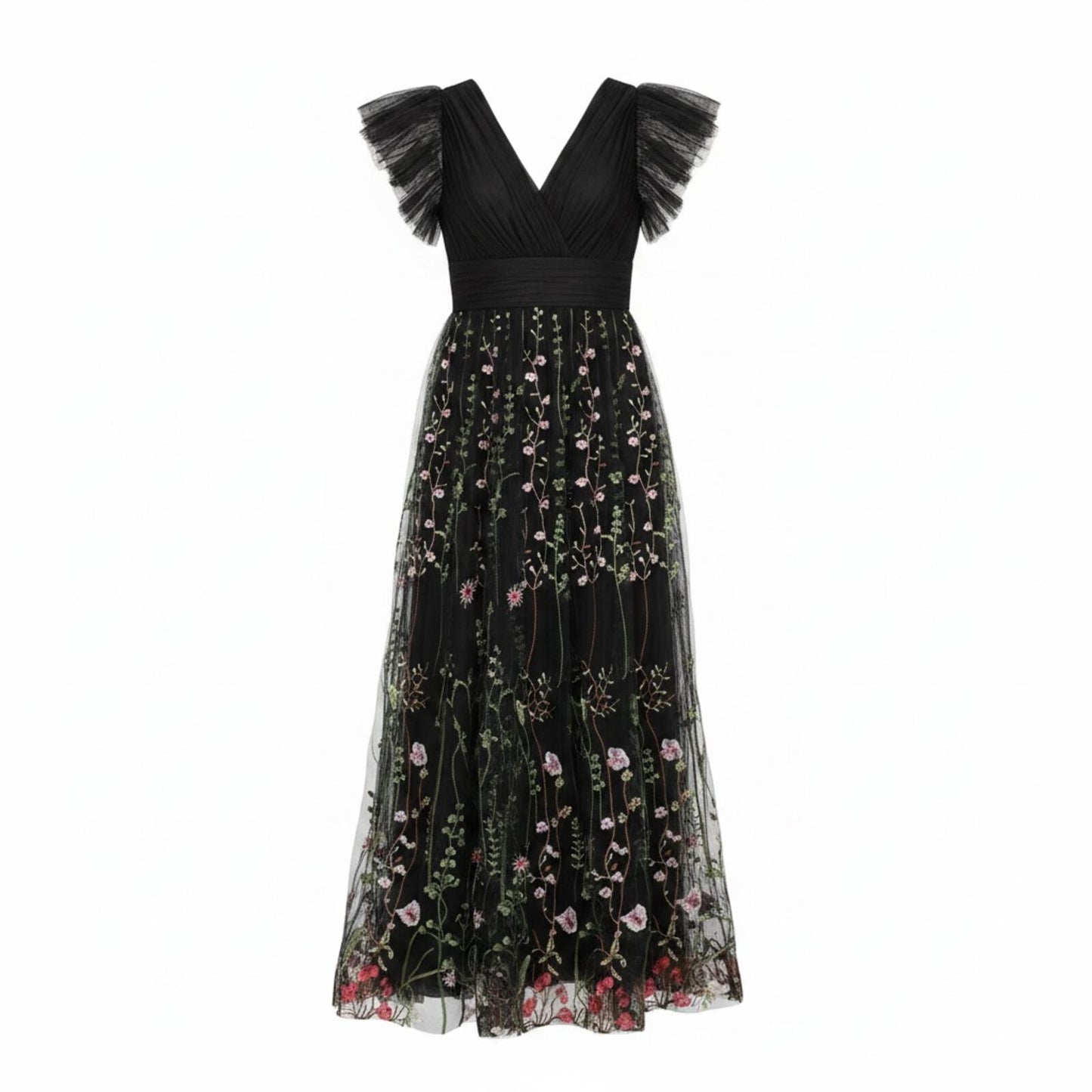 JJ's House Black Floral Embroidered Tulle Evening Dress Large