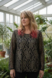 Chicos 3 Shirt Long Sleeve Black Mesh with Gold Embroidered Design Women's XL