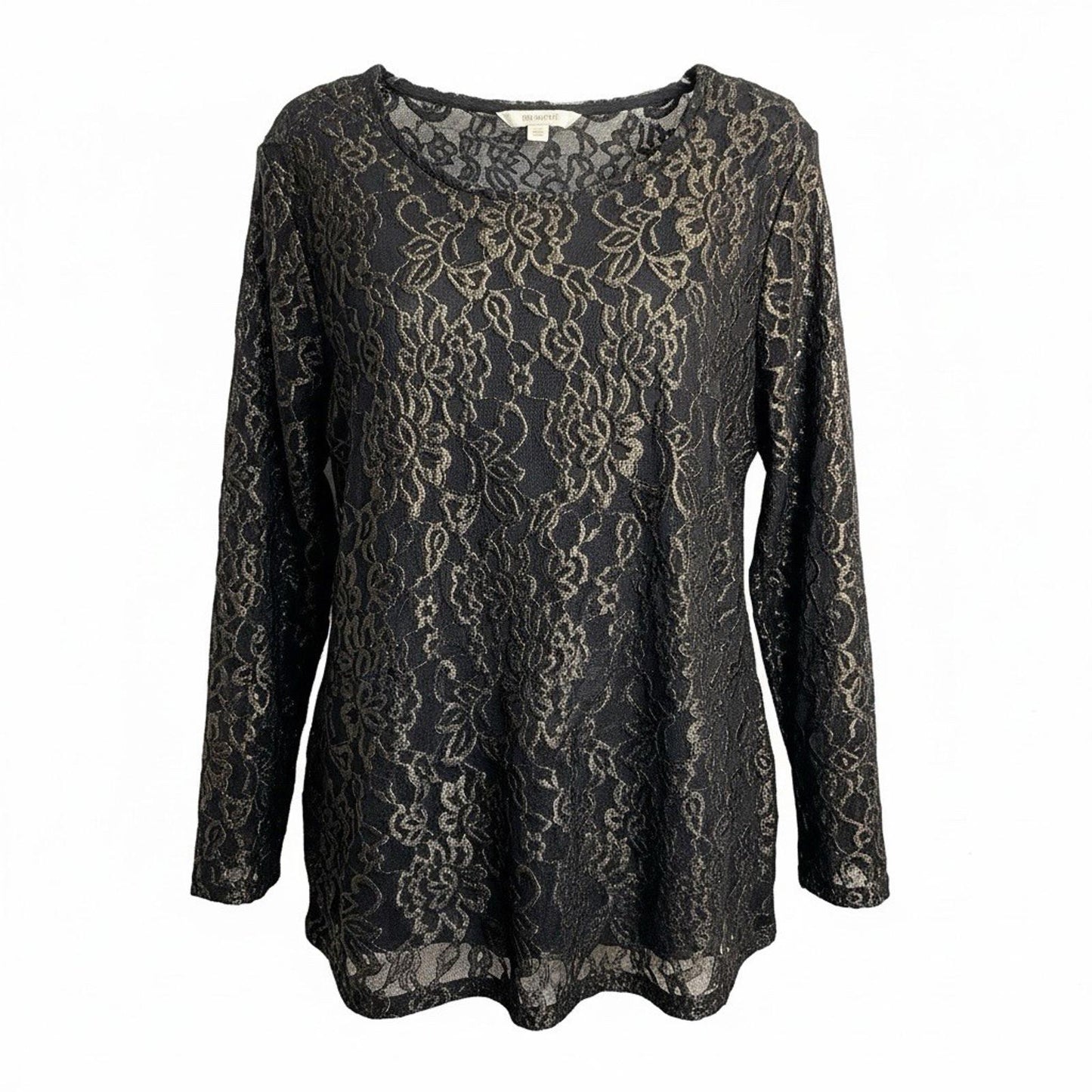Chicos 3 Shirt Long Sleeve Black Mesh with Gold Embroidered Design Women's XL