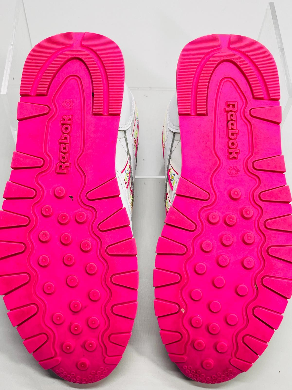 Reebok Classic Running Sneaker White & Pink with Pink Flowers Girls 3