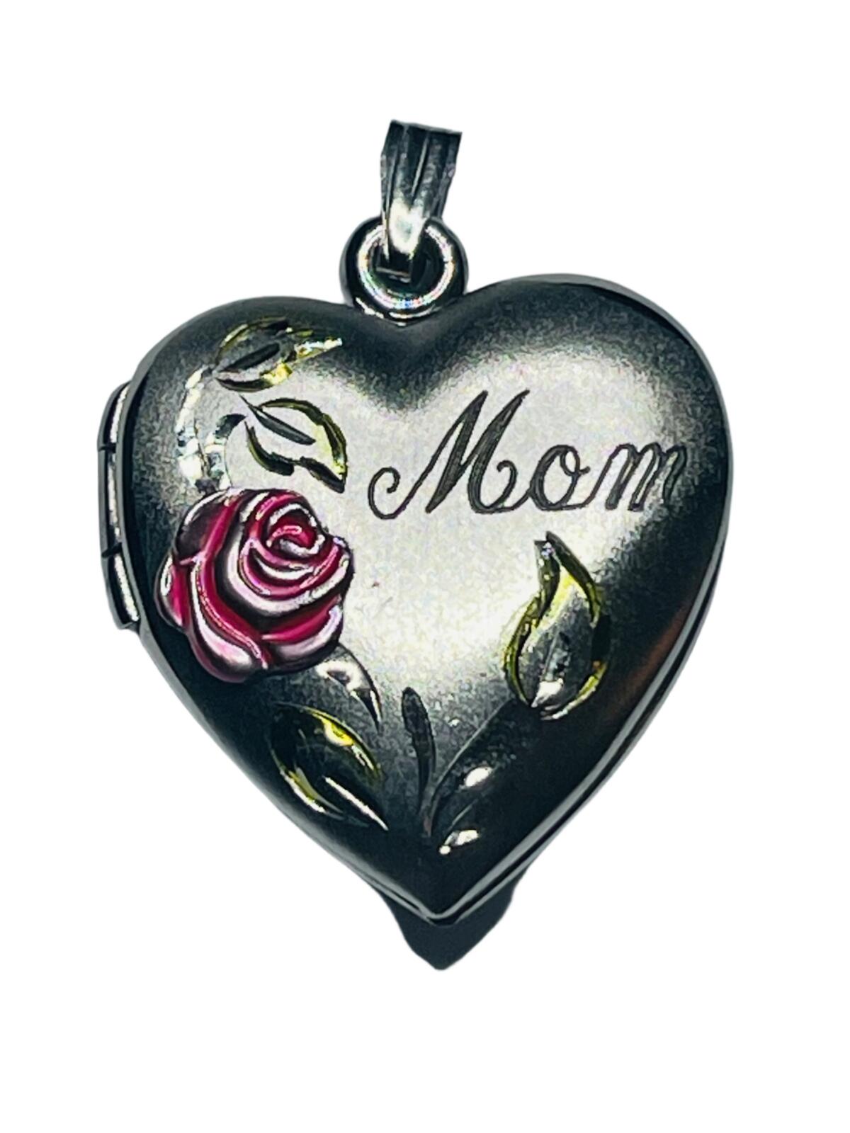 Heart Locket Pendant Charm "Mom" with Rose Floral Design