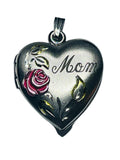 Heart Locket Pendant Charm "Mom" with Rose Floral Design