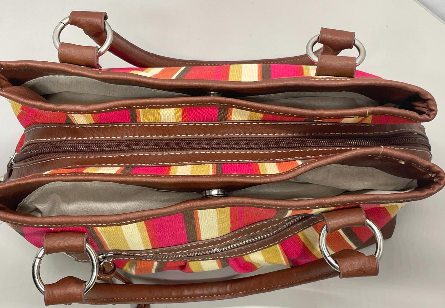 Merona Purse Multi Color Pink Gold Tan Shoulder Straps 3 Large Pockets