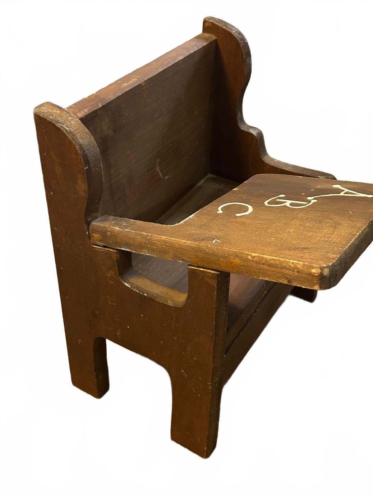 Vintage Handmade Wooden Doll School Desk Chair with ABC Design