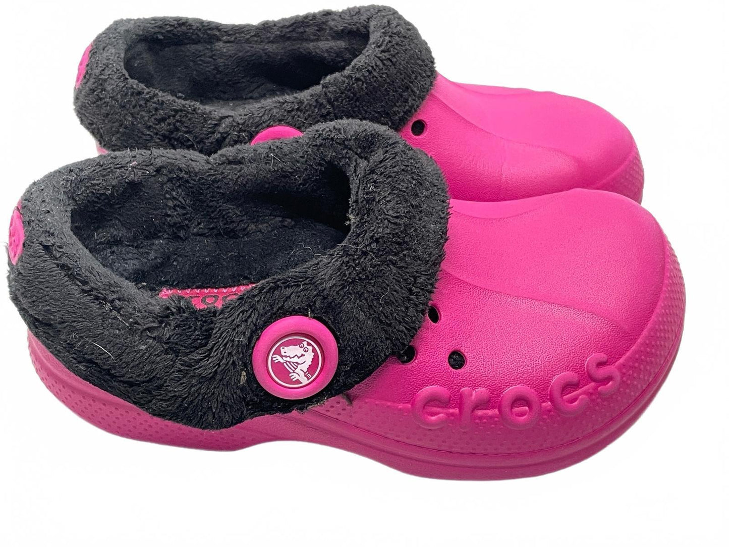 Crocs Classic Lined Clogs in Pink with Black Fleece Lining, Child Size 6