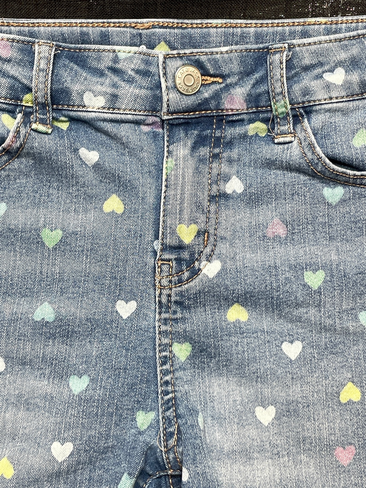 SO Denim Shorts with Multicolor Heart Print and Frayed Hem, Size Girls XL (14)