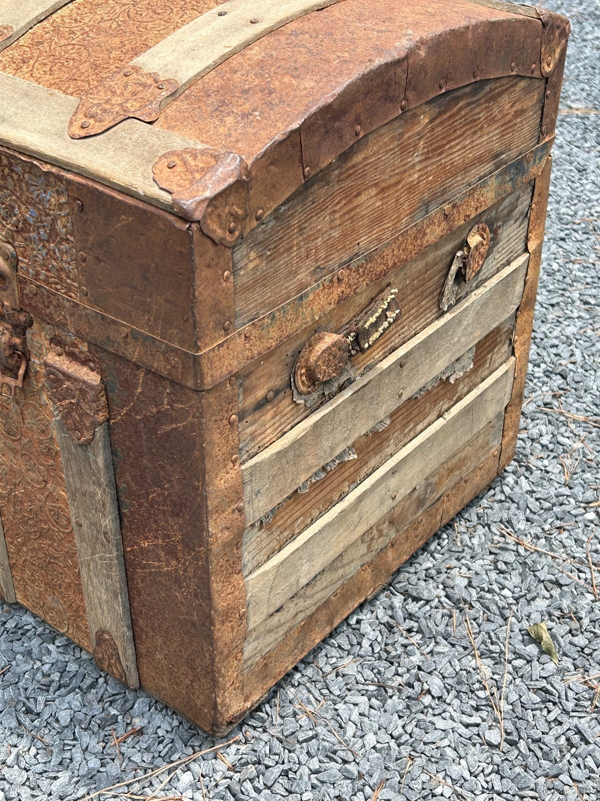 Antique Wooden Dome Top Trunk with Metal Straps and Interior Tray