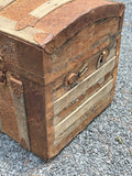 Antique Wooden Dome Top Trunk with Metal Straps and Interior Tray