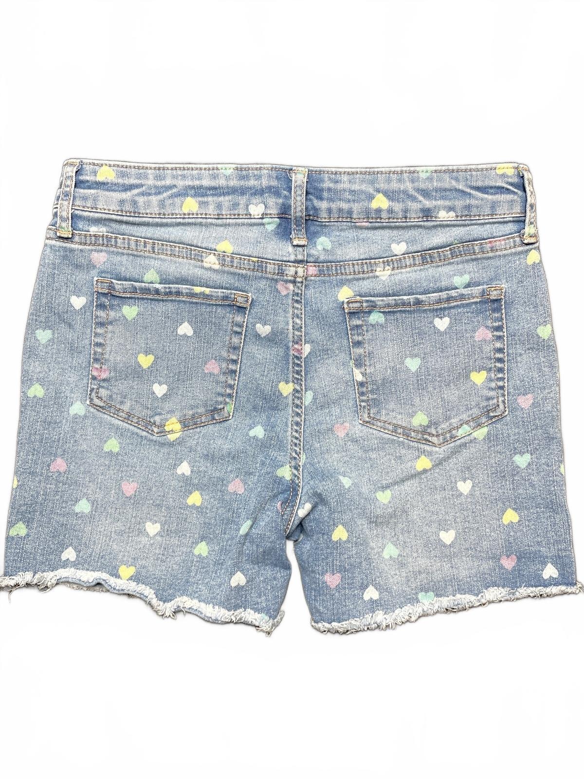 SO Denim Shorts with Multicolor Heart Print and Frayed Hem, Size Girls XL (14)