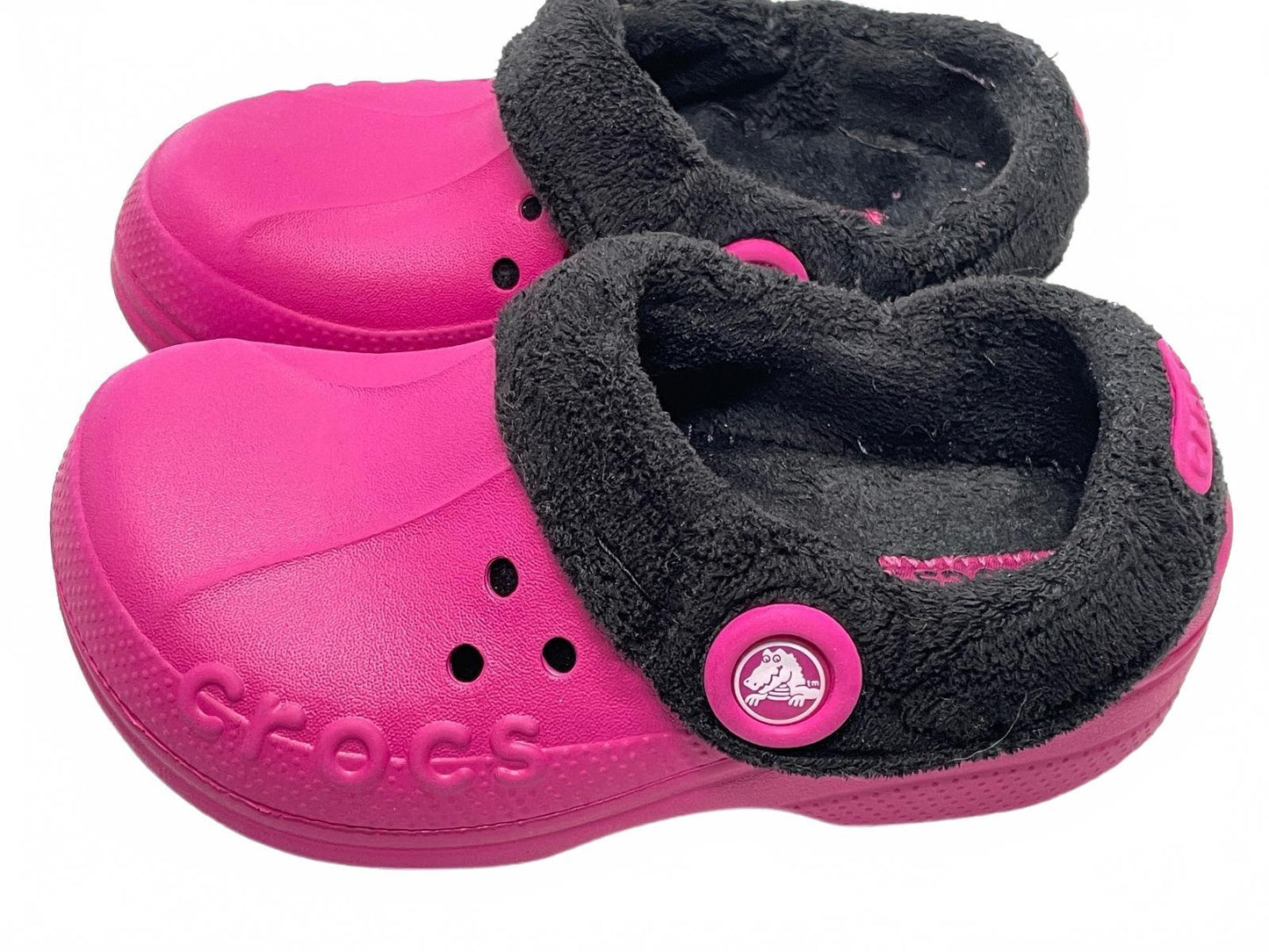 Crocs Classic Lined Clogs in Pink with Black Fleece Lining, Child Size 6