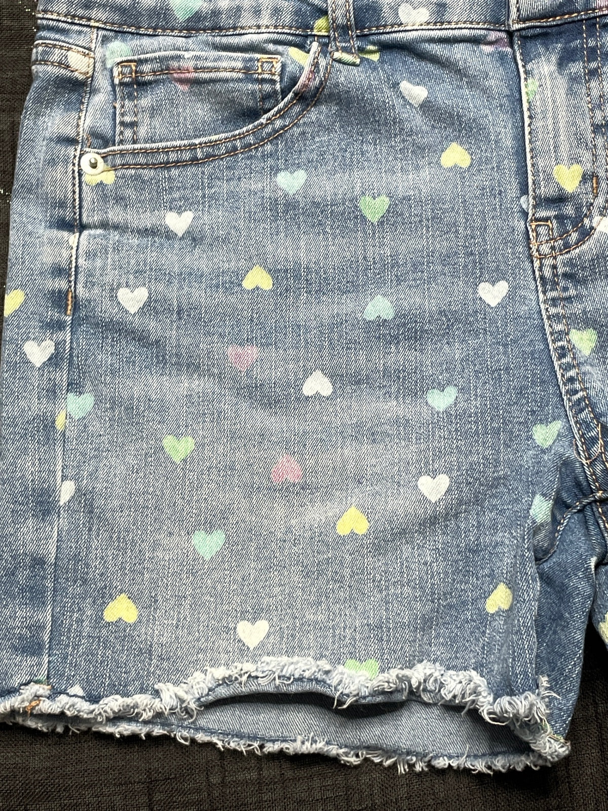 SO Denim Shorts with Multicolor Heart Print and Frayed Hem, Size Girls XL (14)