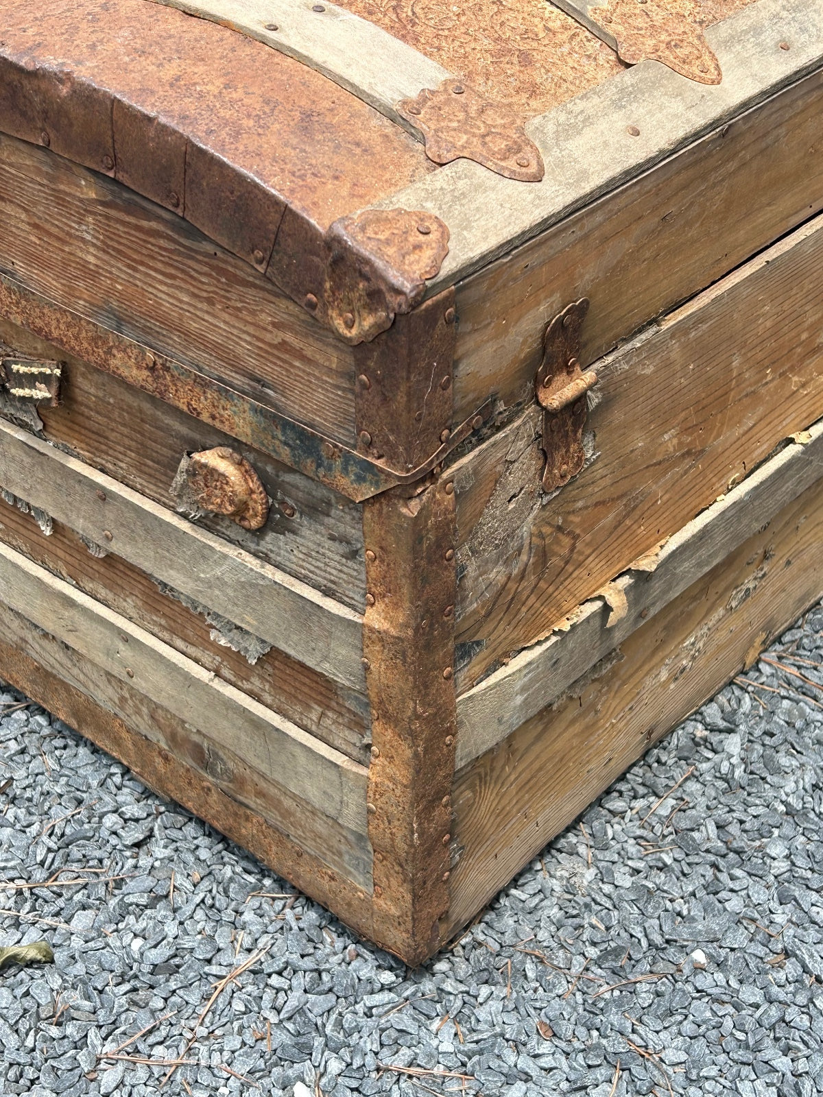 Antique Wooden Dome Top Trunk with Metal Straps and Interior Tray