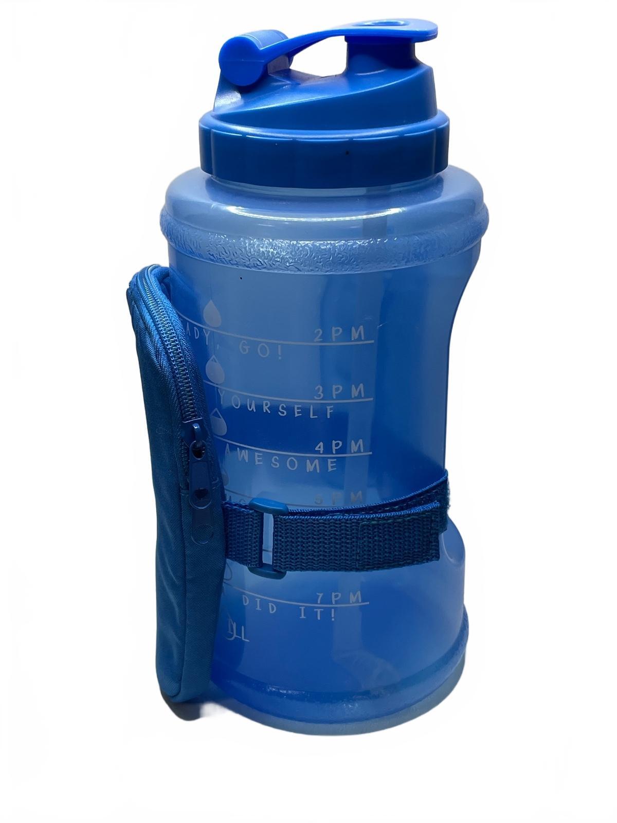 Blue Large Water Bottle with Side Zipper Pouch and Time Marker 74oz