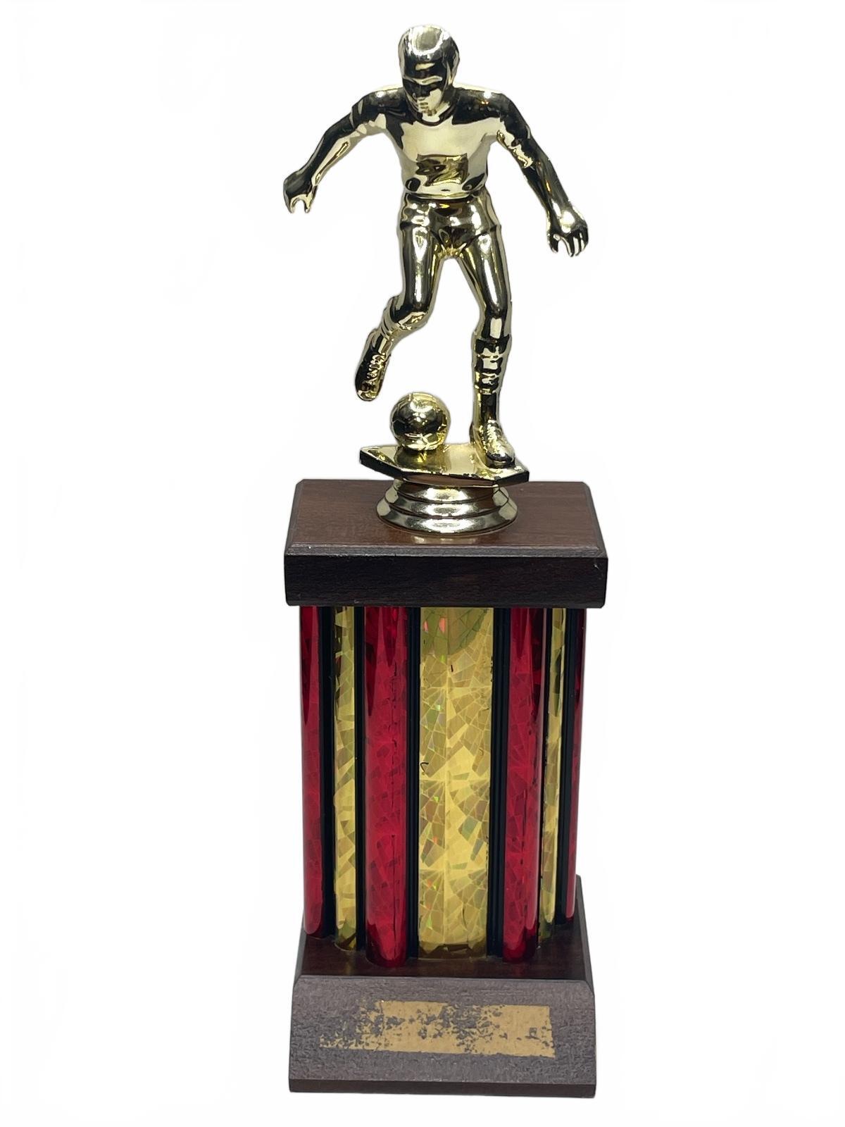 Vintage Soccer Trophy with Gold Player Figurine on Red and Gold Column Base  10"