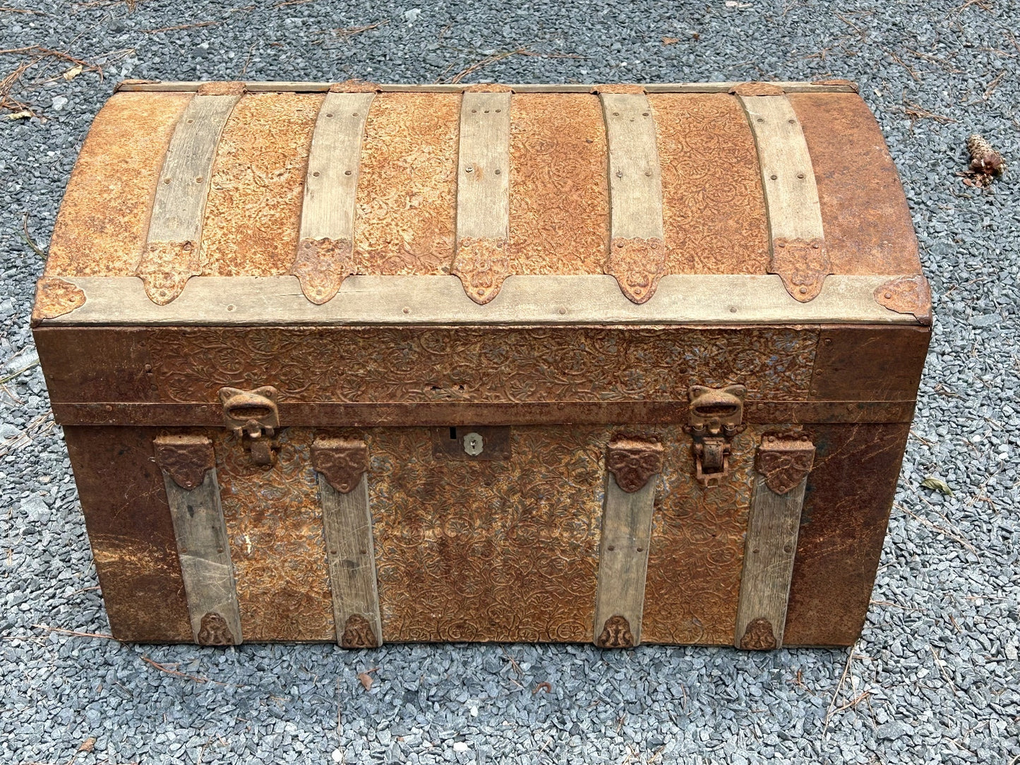 Antique Wooden Dome Top Trunk with Metal Straps and Interior Tray