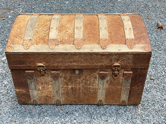 Antique Wooden Dome Top Trunk with Metal Straps and Interior Tray