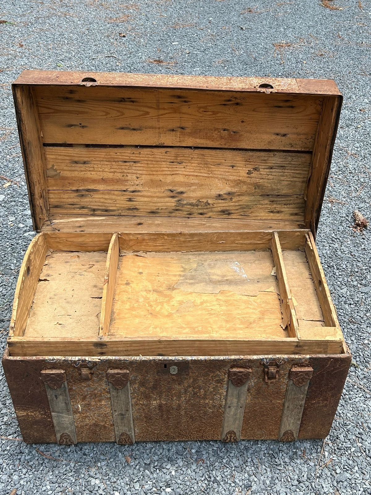 Antique Wooden Dome Top Trunk with Metal Straps and Interior Tray