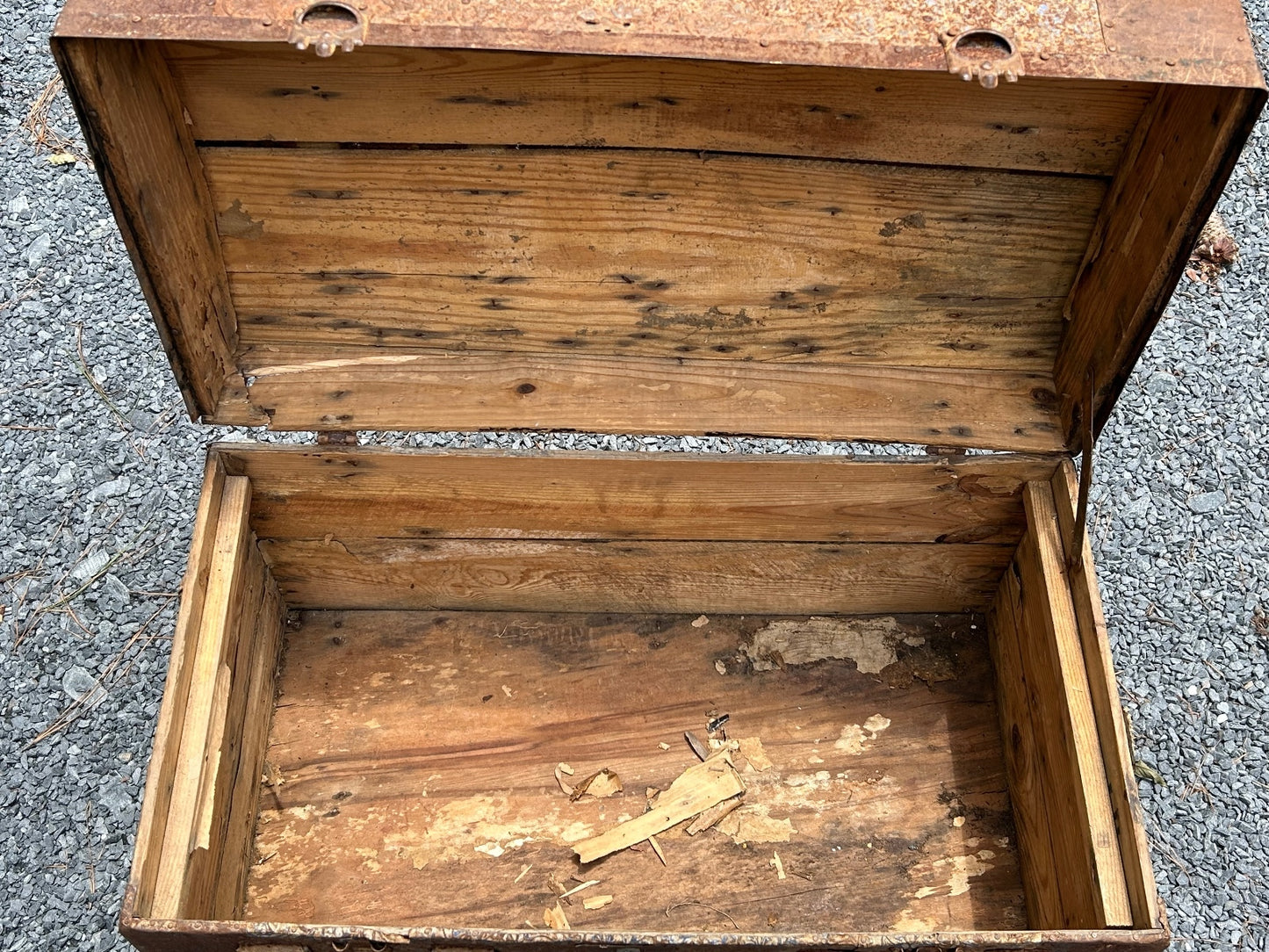 Antique Wooden Dome Top Trunk with Metal Straps and Interior Tray