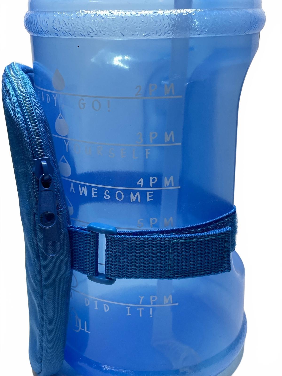 Blue Large Water Bottle with Side Zipper Pouch and Time Marker 74oz