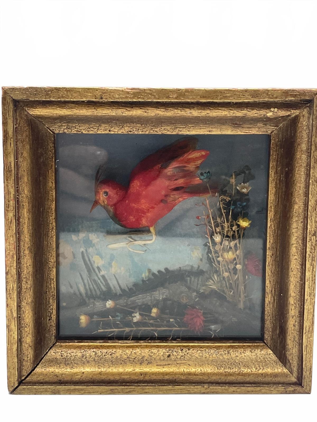 Vintage Handmade Shadow Box Cardinal with Tiny Floral Accents Miniature Scene 5"