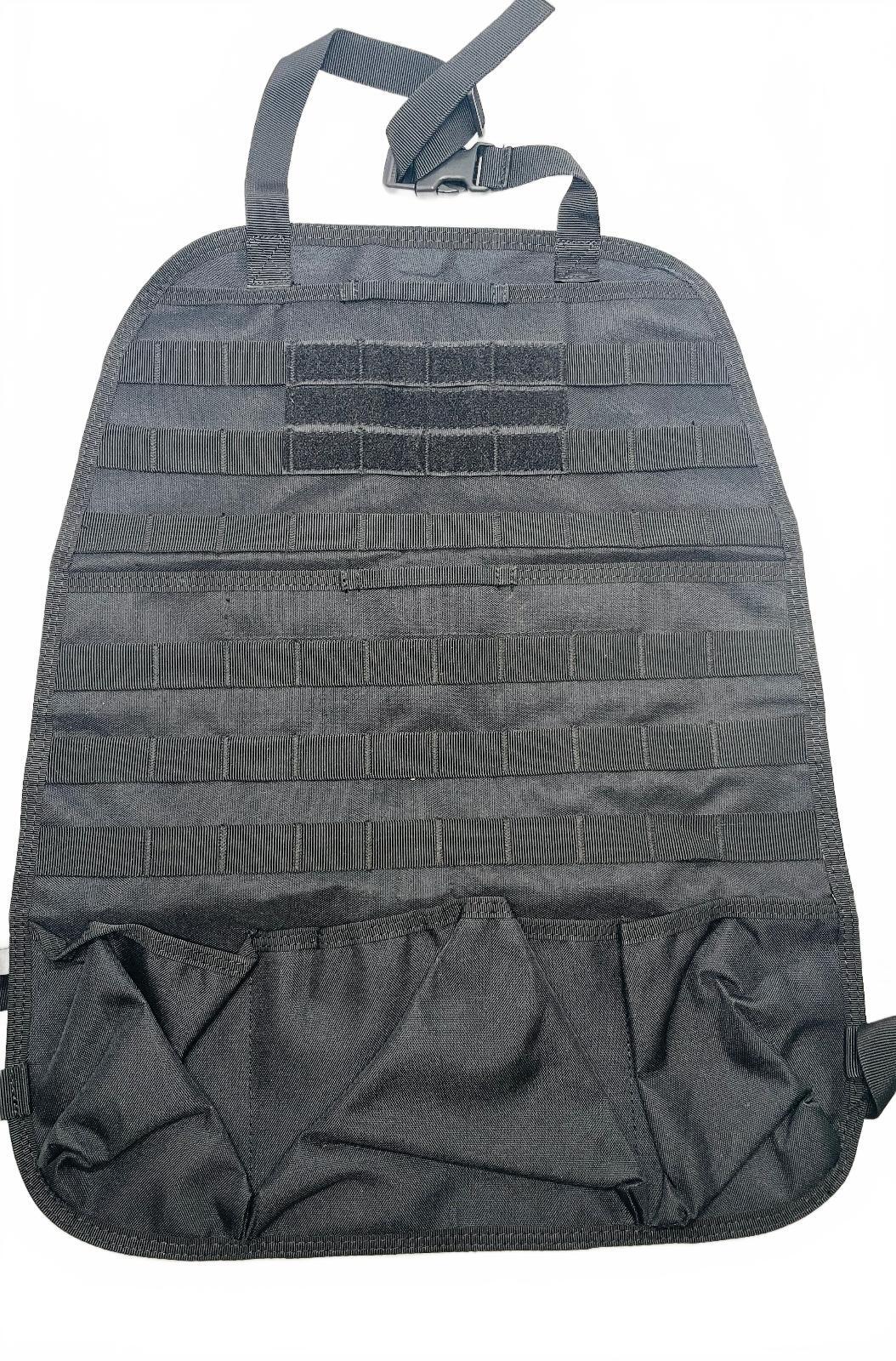 Black Tactical MOLLE Organizer Panel with Adjustable Straps and Storage Pouches
