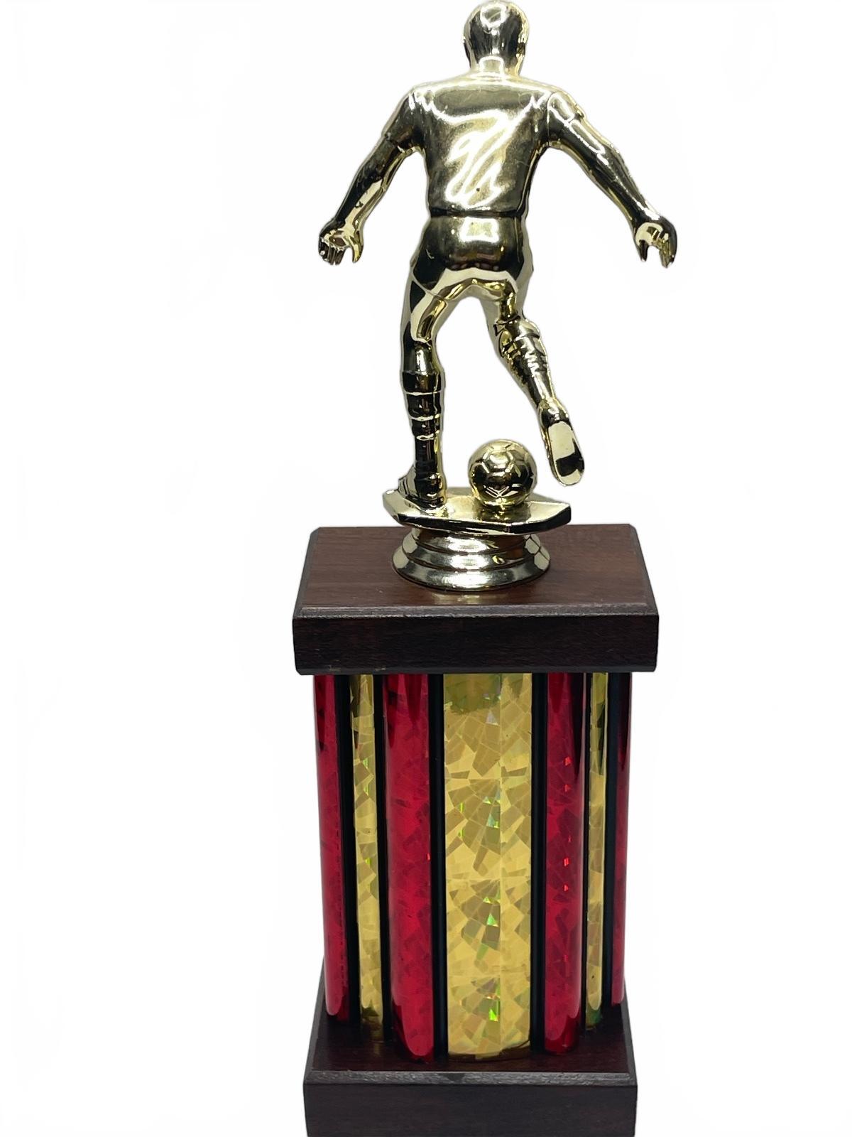 Vintage Soccer Trophy with Gold Player Figurine on Red and Gold Column Base  10"
