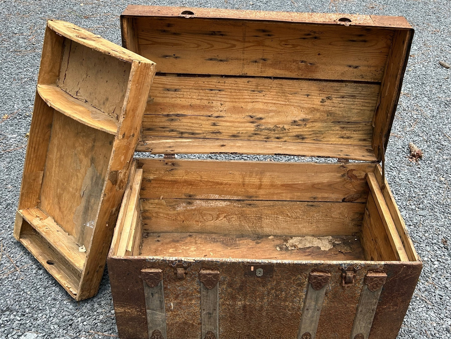 Antique Wooden Dome Top Trunk with Metal Straps and Interior Tray