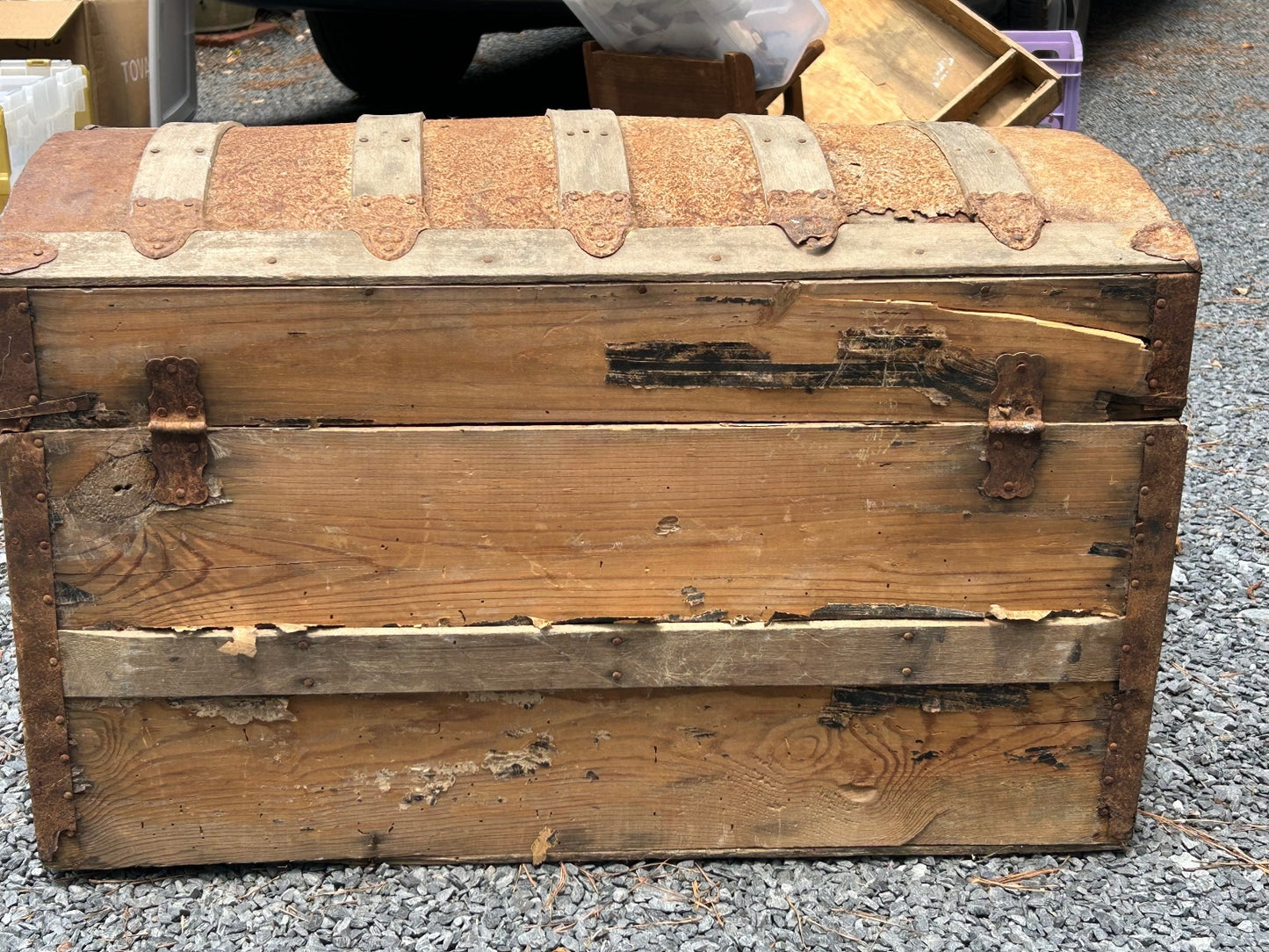 Antique Wooden Dome Top Trunk with Metal Straps and Interior Tray