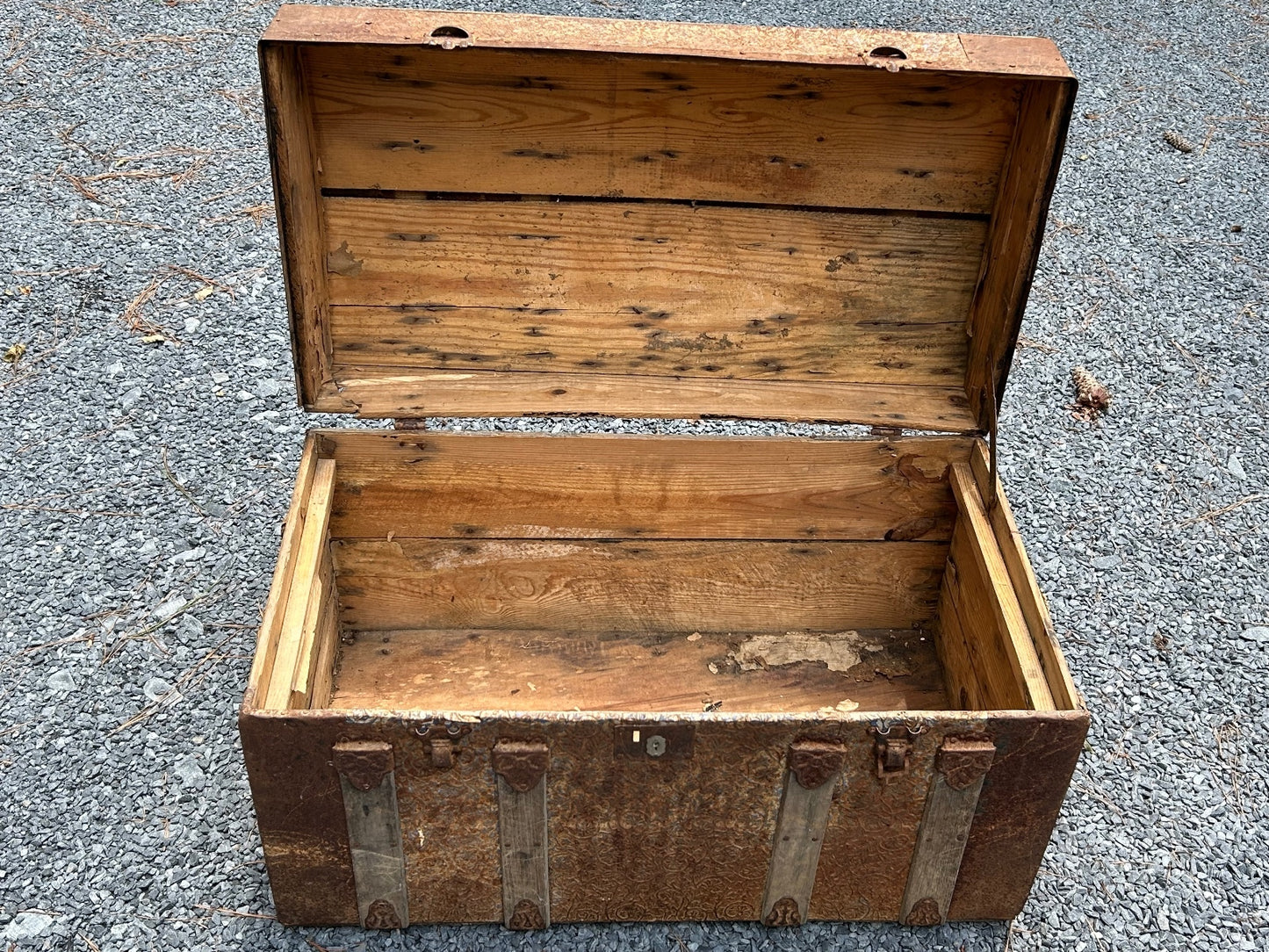Antique Wooden Dome Top Trunk with Metal Straps and Interior Tray